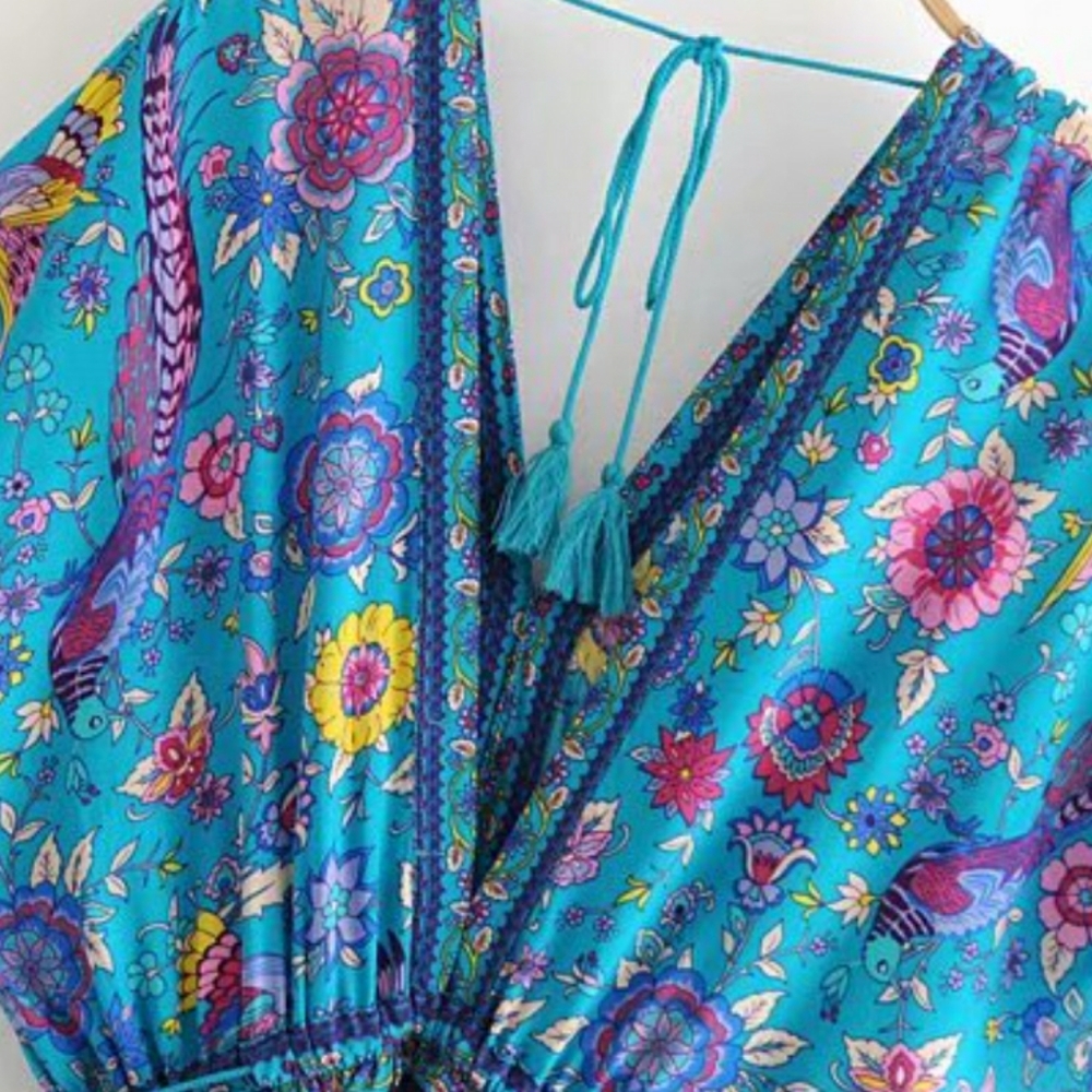 5⭐ Artemis Lovebirds Teal Blue Floral & Bird Print Boho Maxi Dress - Picture 3 of 7